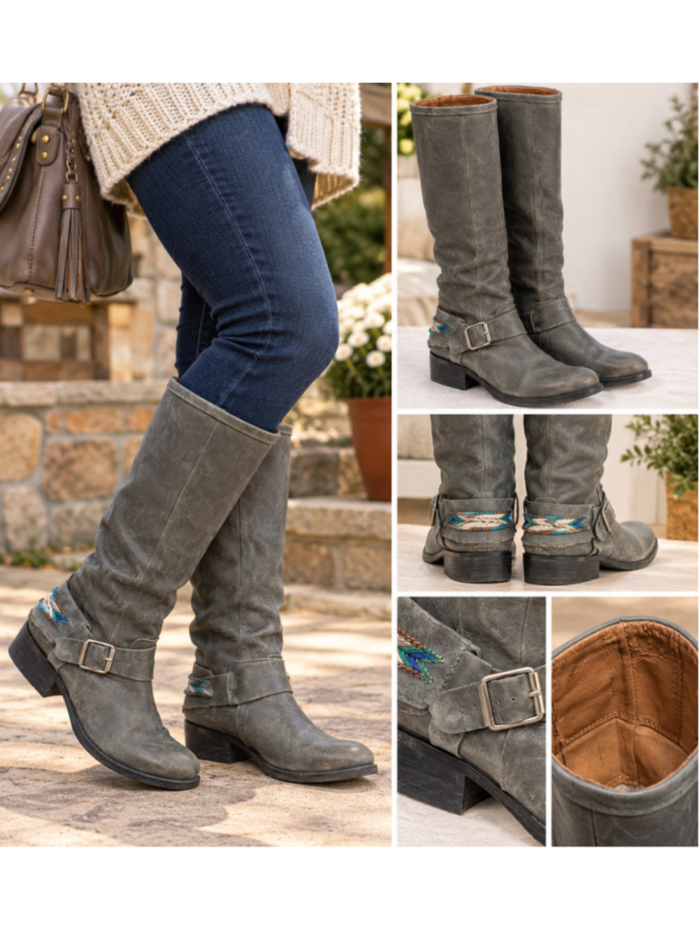 Lucky Brand "May" Flat Tall Boots Distressed Gray Leather Harness Riding Boots 7